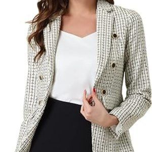 Allegra K Women's Elegant Plaid Jacket Long Sleeve Open Front Tweed Blazer
